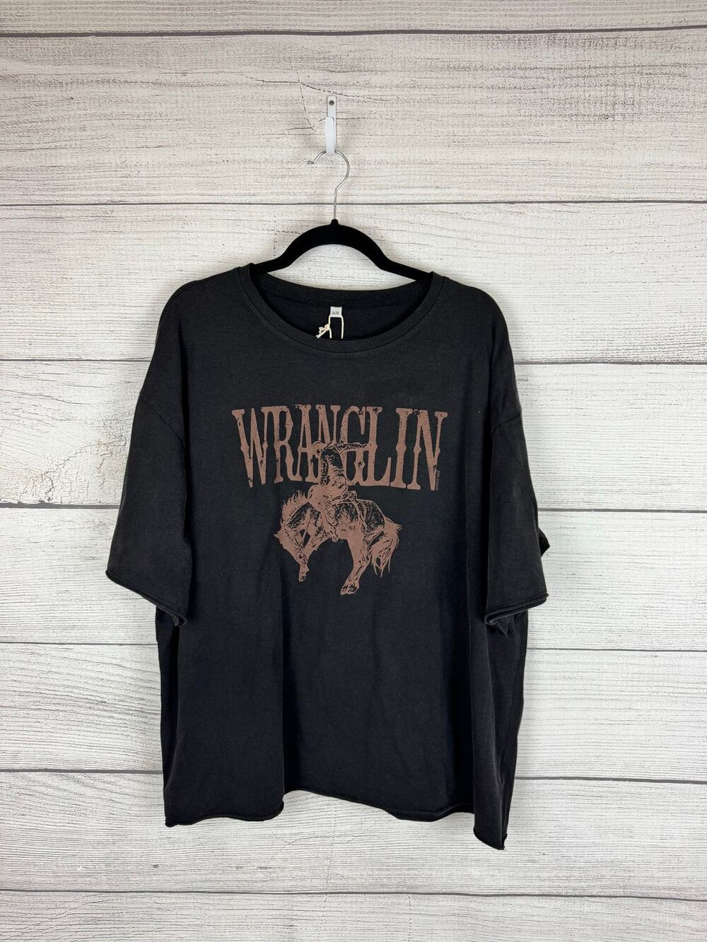 Southern Grace Plus Size Black Washed "Wranglin" Rodeo Western Graphic Tee 2X/3X